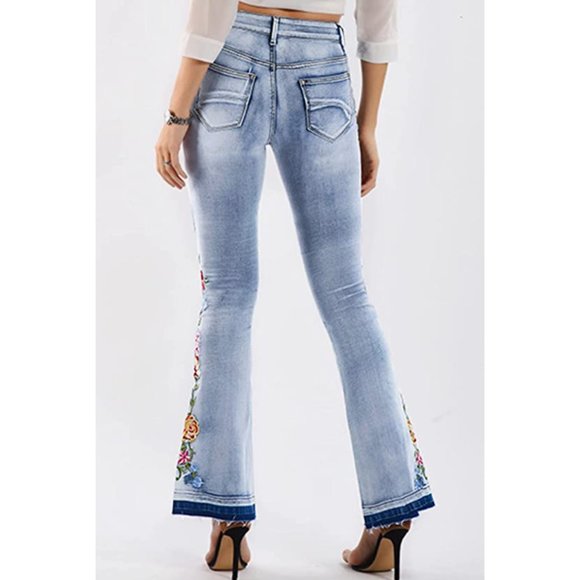 Light Wash Floral Embroidered Patch High Waisted Flare Bell Bottom Denim Jeans - Picture 5 of 8